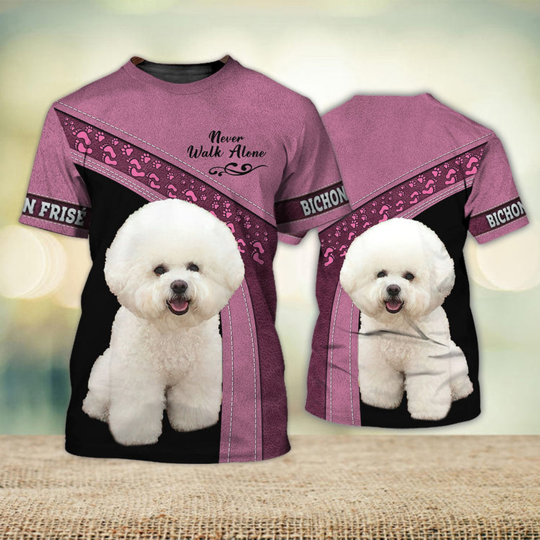 FUNSTUFFPRINT Bichon Frise Pink Love Never Walk Alone 3D Full Print T-Shirt, Dog Memorial Gifts for loss of Dog 3D T-shirt