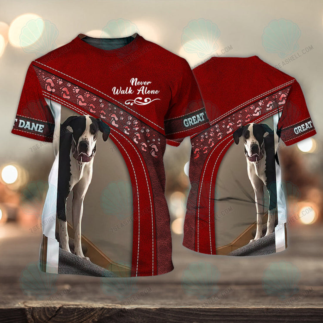 FUNSTUFFPRINT Great Dane Love Red Never Walk Alone 3D Full Print T-Shirt, Christmas Dog Memorial Gifts for loss of Dog 3D T-shirt