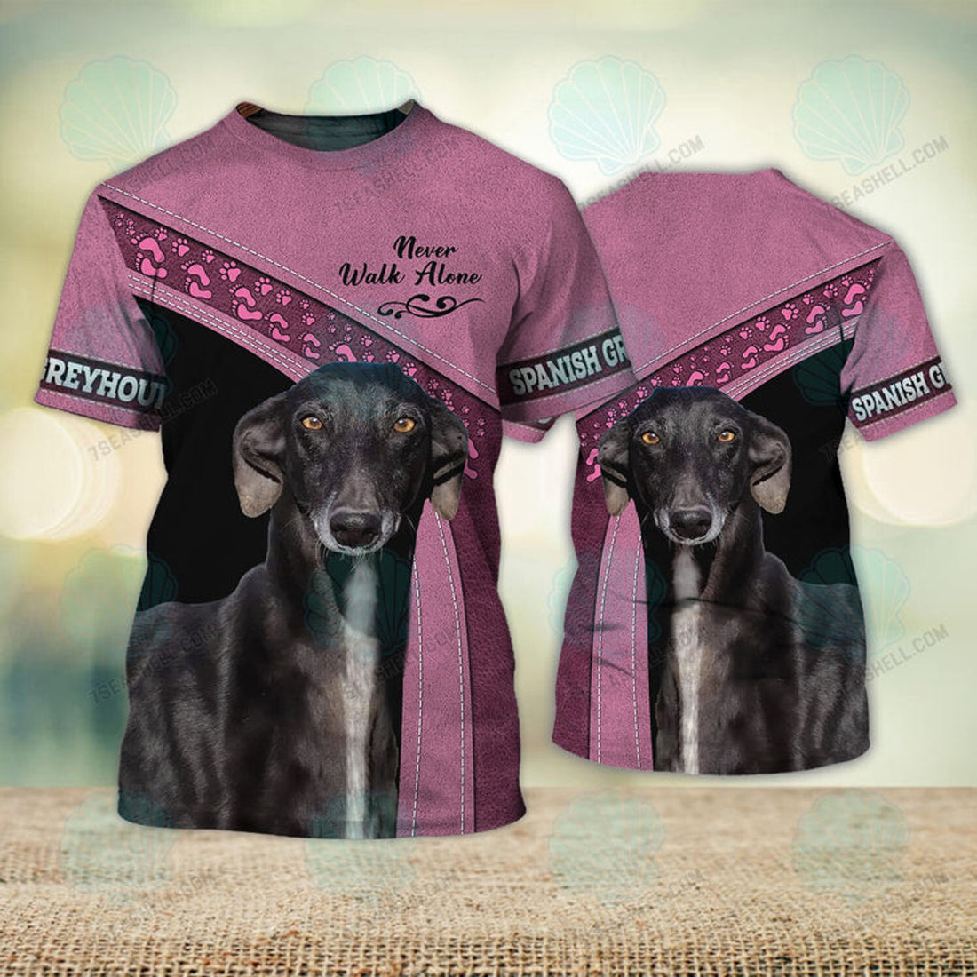 FUNSTUFFPRINT Spanish Greyhound Pink Love Never Walk Alone 3D Full Print T-Shirt, Christmas Dog Memorial Gifts for loss of Dog 3D T-shirt