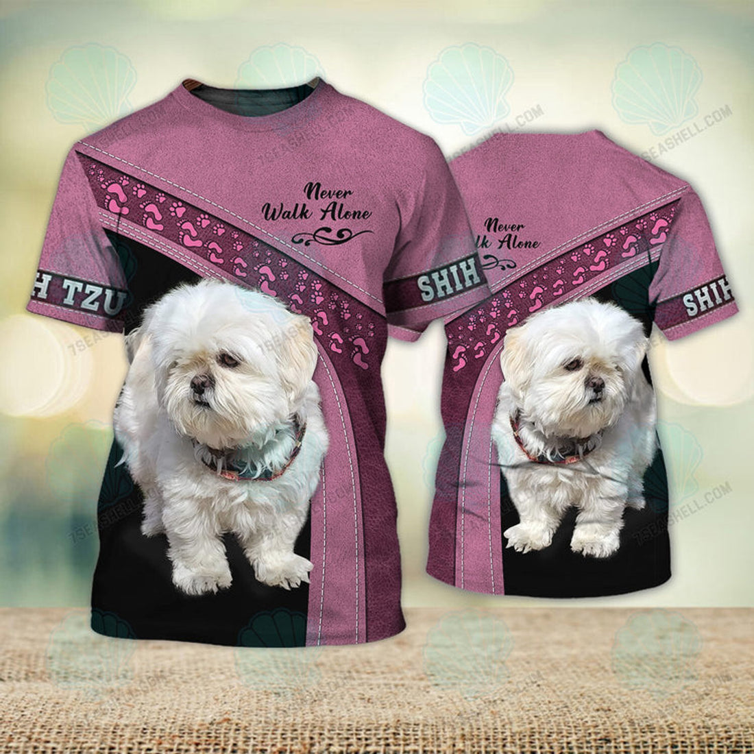 FUNSTUFFPRINT Shih Tzu Love White Pink Never Walk Alone 3D Full Print T-Shirt, Christmas Dog Memorial Gifts for loss of Dog 3D T-shirt