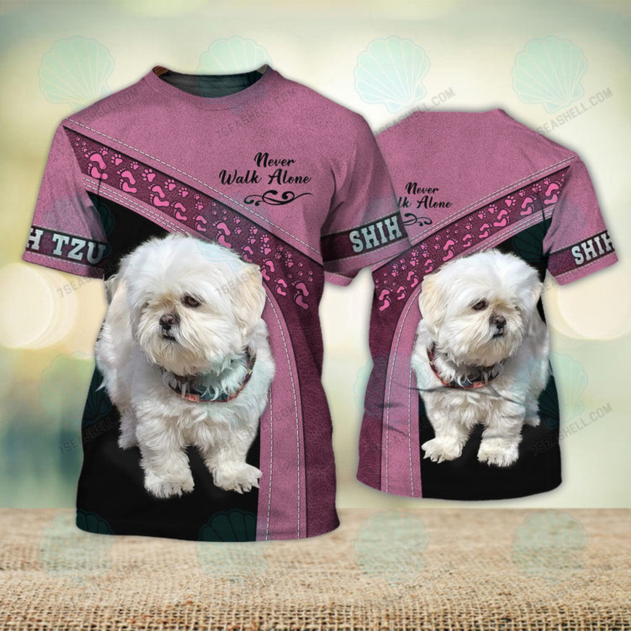 FUNSTUFFPRINT Shih Tzu Love White Pink Never Walk Alone 3D Full Print T-Shirt, Christmas Dog Memorial Gifts for loss of Dog 3D T-shirt