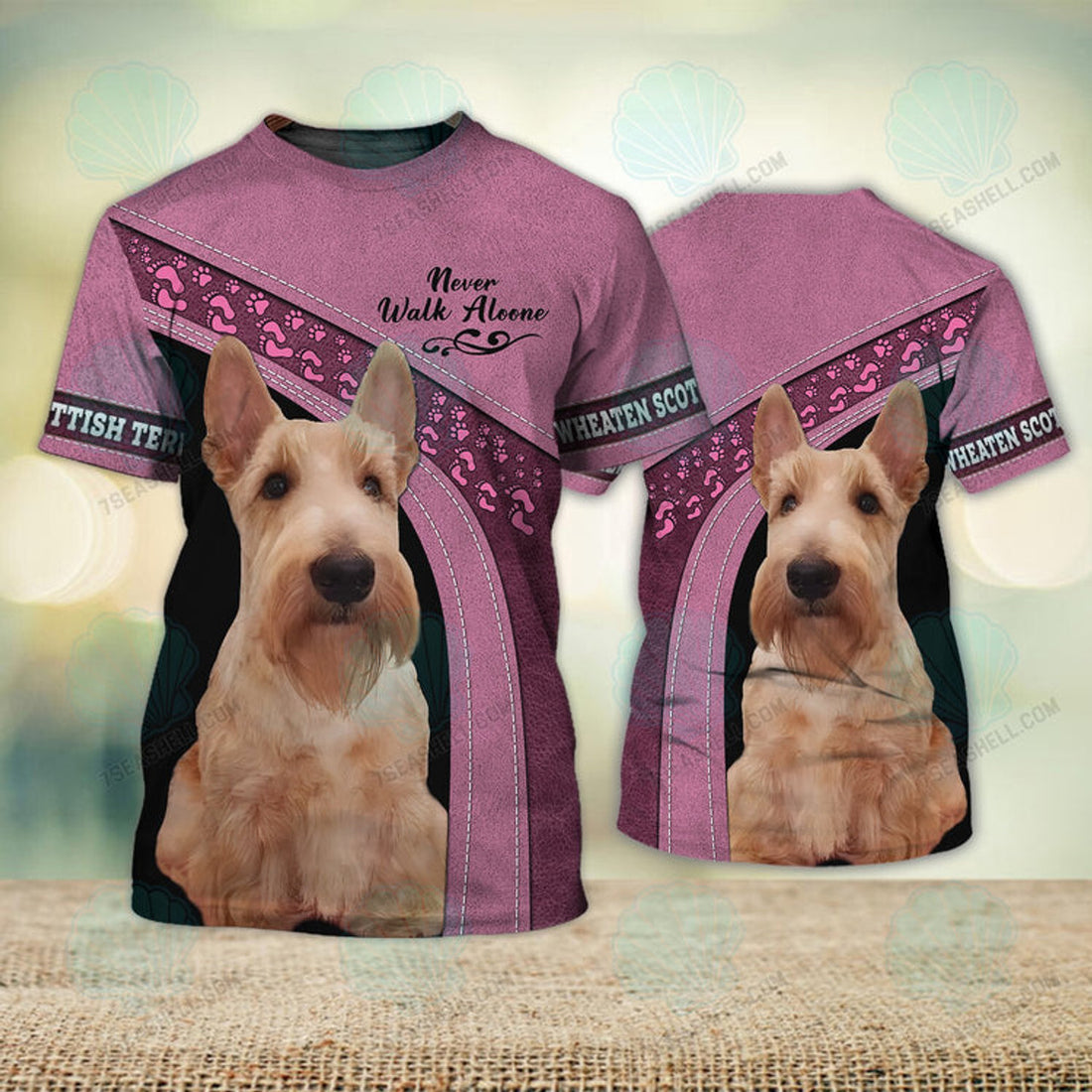 FUNSTUFFPRINT Wheaten Scottish Terrier Love Pink Never Walk Alone, Christmas Dog Memorial Gifts for loss of Dog 3D T-shirt