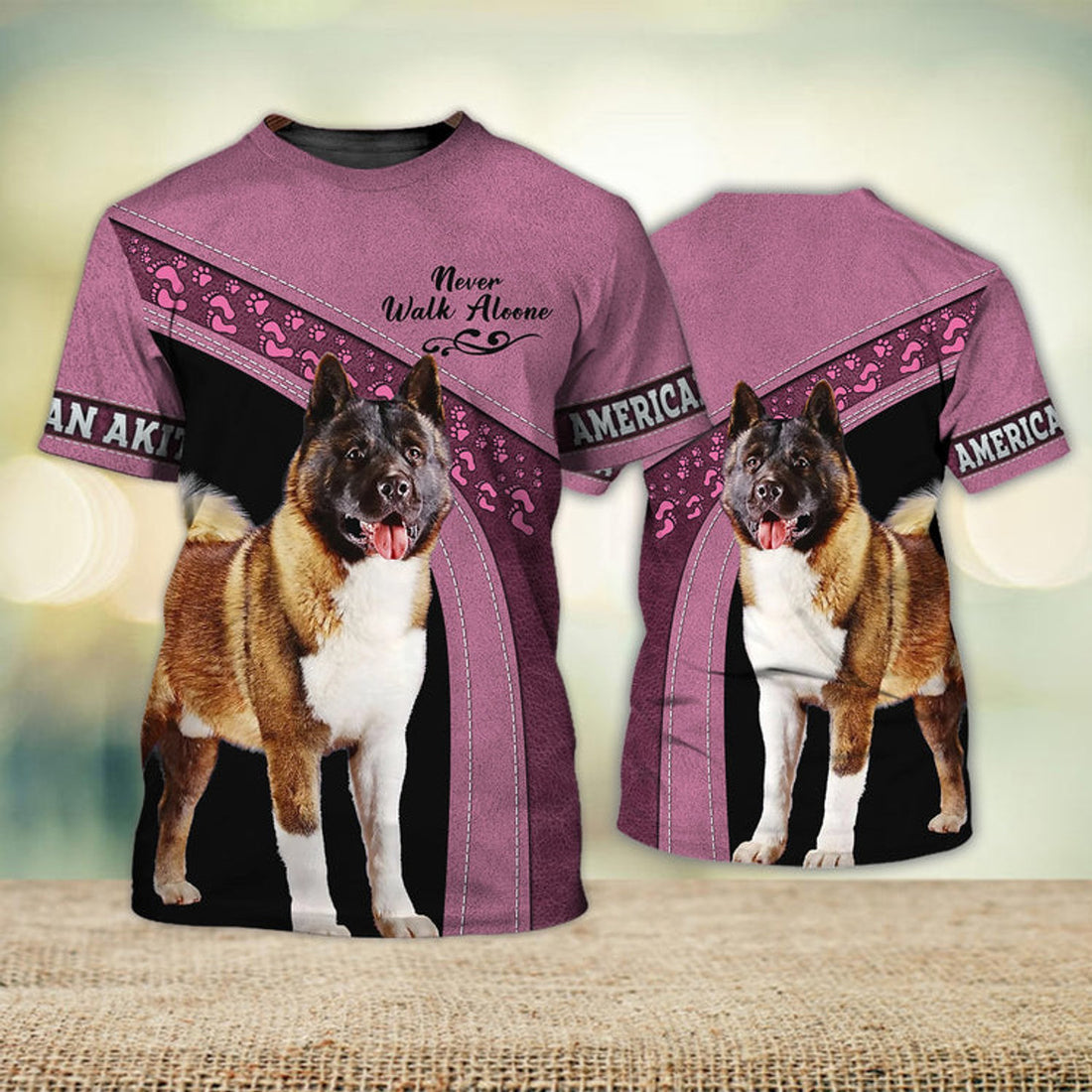 FUNSTUFFPRINT American Akita Love Never Walk Alone 3D Full Print T-Shirt, Dog Memorial Gifts for loss of Dog 3D T-shirt