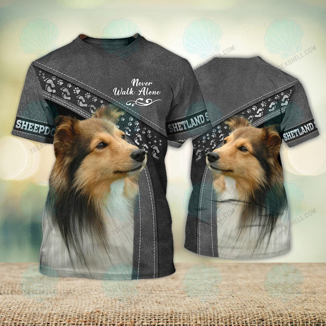FUNSTUFFPRINT Shetland Sheepdogs Love Never Walk Alone 3D Full Print T-Shirt, Christmas Dog Memorial Gifts for loss of Dog 3D T-shirt