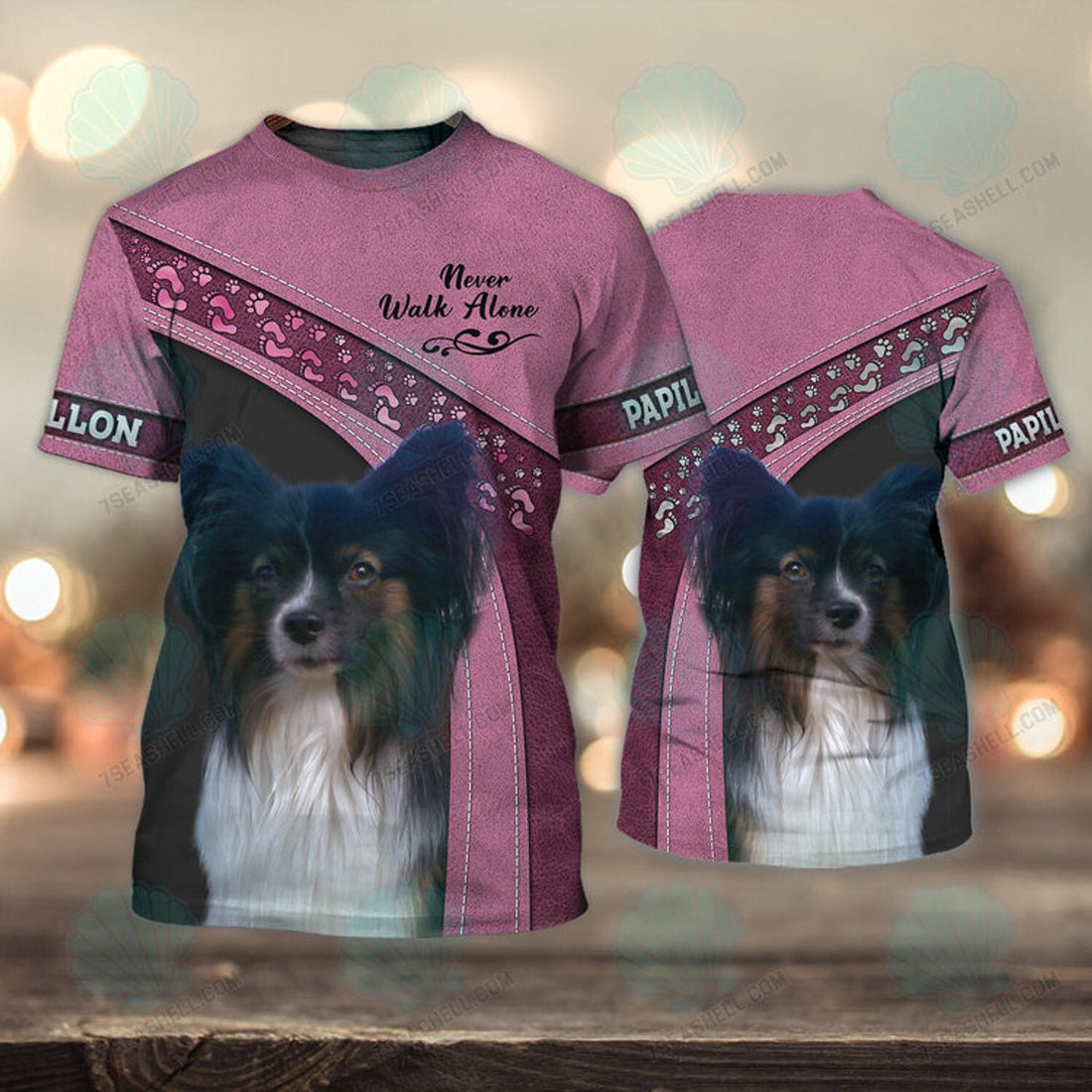 FUNSTUFFPRINT Papillon Pink Love Never Walk Alone 3D Full Print T-Shirt, Christmas Dog Memorial Gifts for loss of Dog 3D T-shirt