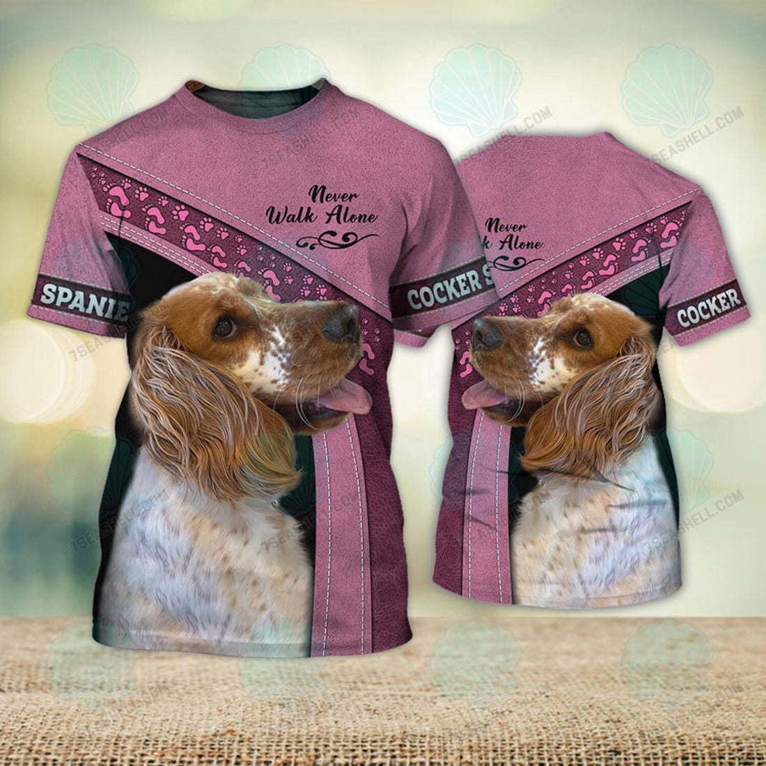 FUNSTUFFPRINT Cocker Spaniel Pink Love Never Walk Alone 3D Full Print T-Shirt, Christmas Dog Memorial Gifts for loss of Dog 3D T-shirt