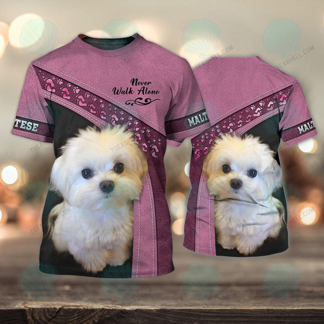 FUNSTUFFPRINT Maltese Pink Love Never Walk Alone 3D Full Print T-Shirt, Christmas Dog Memorial Gifts for loss of Dog 3D T-shirt