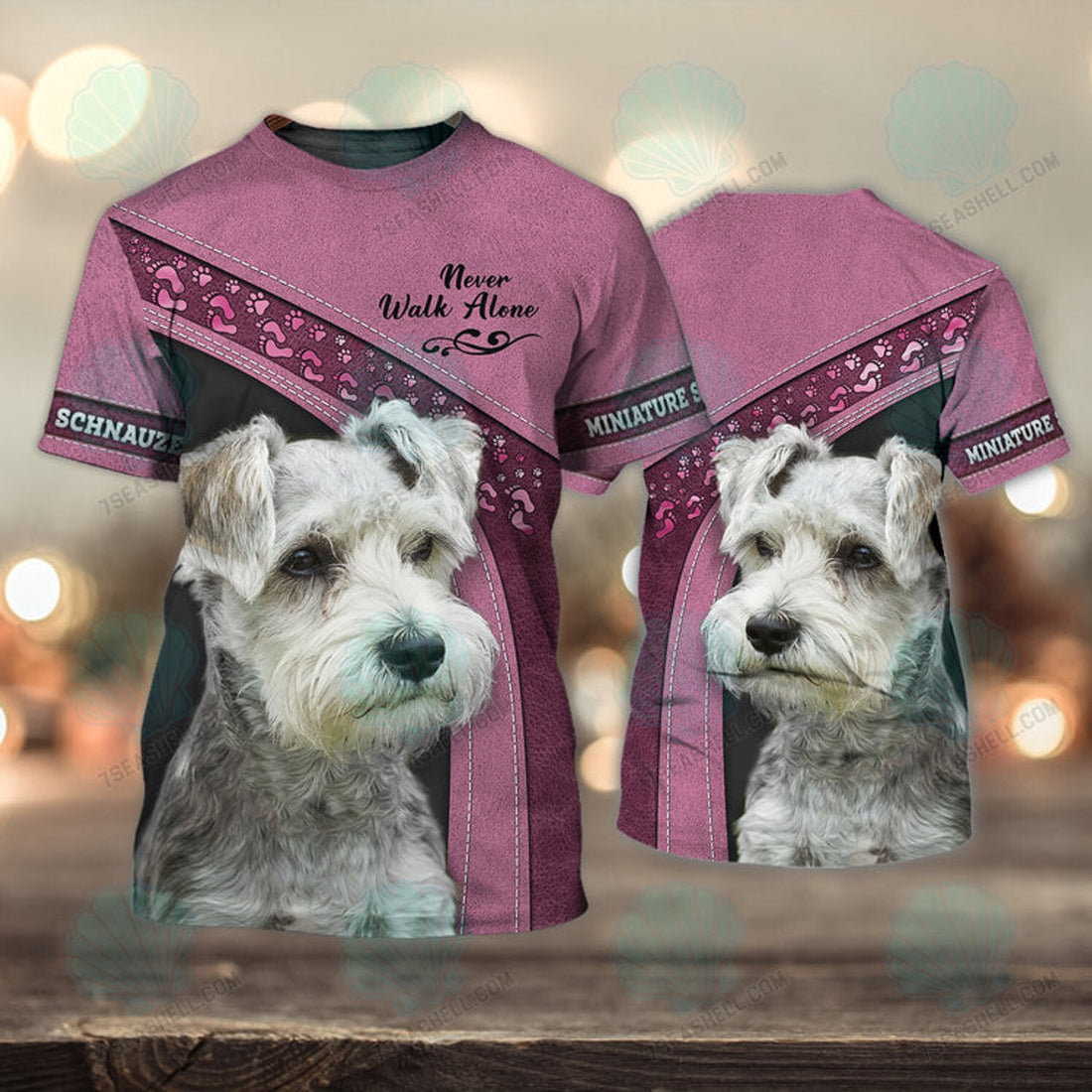 FUNSTUFFPRINT Miniature Schnauzer Pink Love Never Walk Alone 3D Full Print T-Shirt, Christmas Dog Memorial Gifts for loss of Dog 3D T-shirt