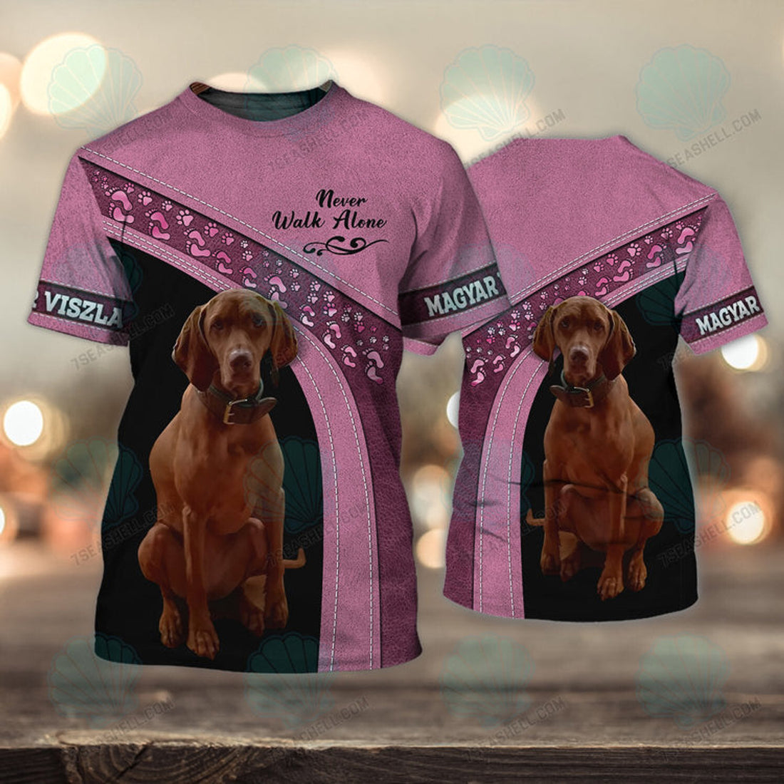 FUNSTUFFPRINT Magyar Viszla Love Pink Never Walk Alone 3D Full Print T-Shirt, Christmas Dog Memorial Gifts for loss of Dog 3D T-shirt