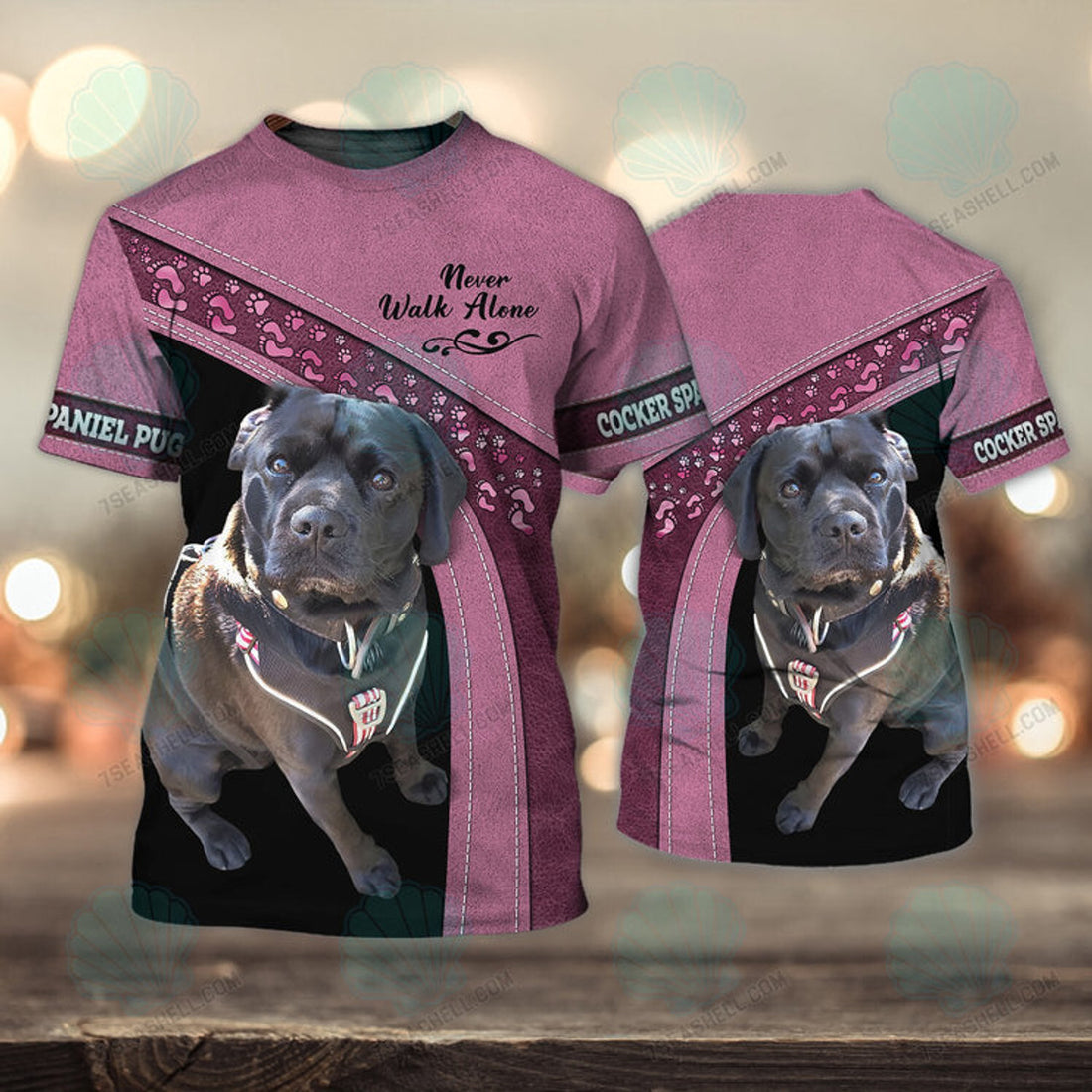 FUNSTUFFPRINT Cocker Spaniel Pug Love Never Walk Alone 3D Full Print T-Shirt, Christmas Shirt for Dog Lovers 3D T-shirt