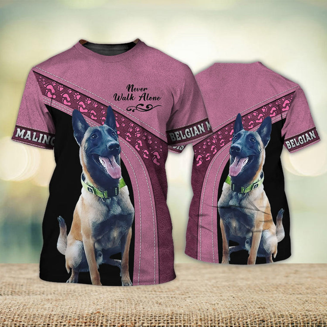 FUNSTUFFPRINT Belgian Malinois Pink Love Never Walk Alone 3D Full Print T-Shirt, Dog Memorial Gifts for loss of Dog, Gift for Dog Lovers 3D T-shirt