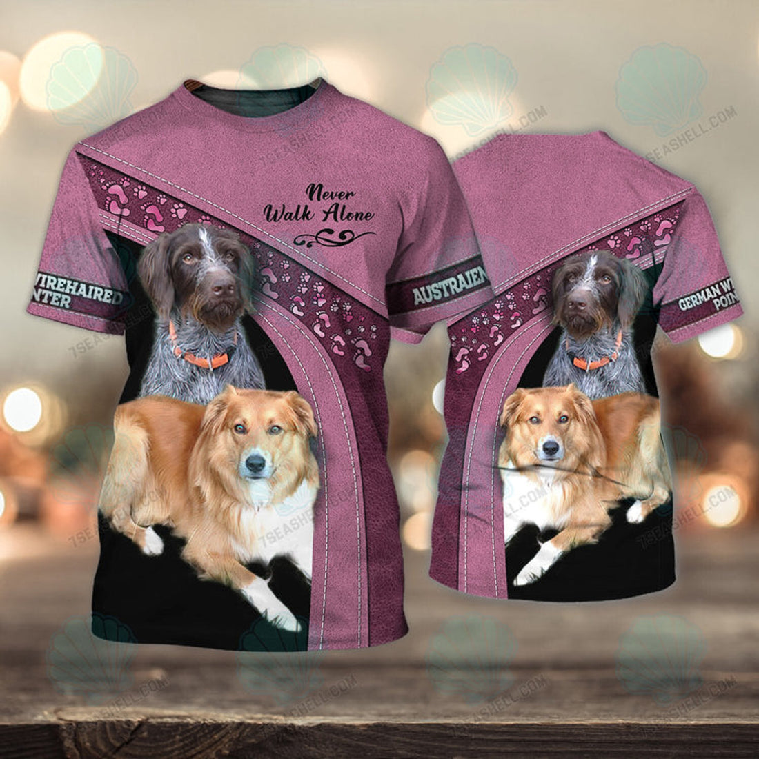 FUNSTUFFPRINT German Wirehaired Pointer And Austraienborder Never Walk Alone 3D Full Print T-Shirt, Christmas Dog Memorial Gifts for loss of Dog 3D T-shirt