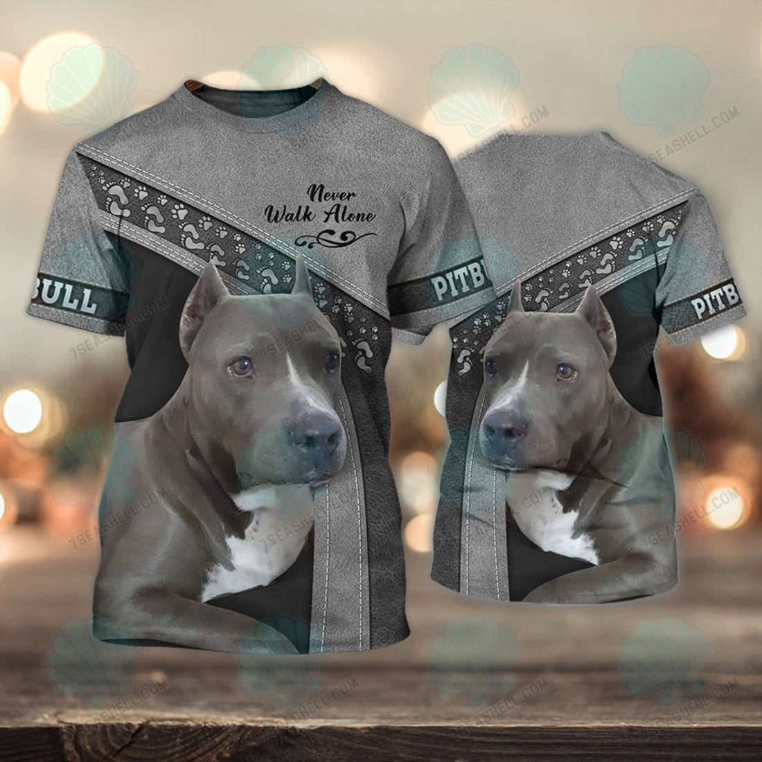 FUNSTUFFPRINT Pitbull Grey Never Walk Alone 3D Full Print T-Shirt, Christmas Dog Memorial Gifts for loss of Dog 3D T-shirt