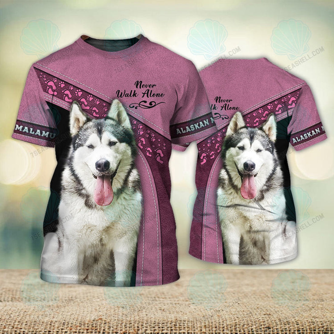 FUNSTUFFPRINT Alaskan Malamute Pink Never Walk Alone 3D Full Print T-Shirt, Christmas Dog Memorial Gifts for loss of Dog 3D T-shirt