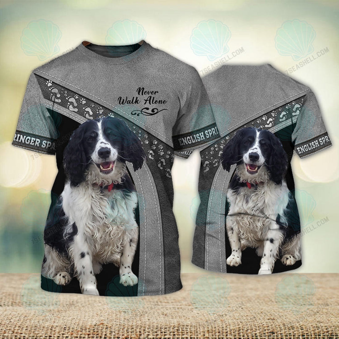 FUNSTUFFPRINT English Springer Spaniel Never Walk Alone 3D Full Print T-Shirt, Christmas Dog Memorial Gifts for loss of Dog 3D T-shirt