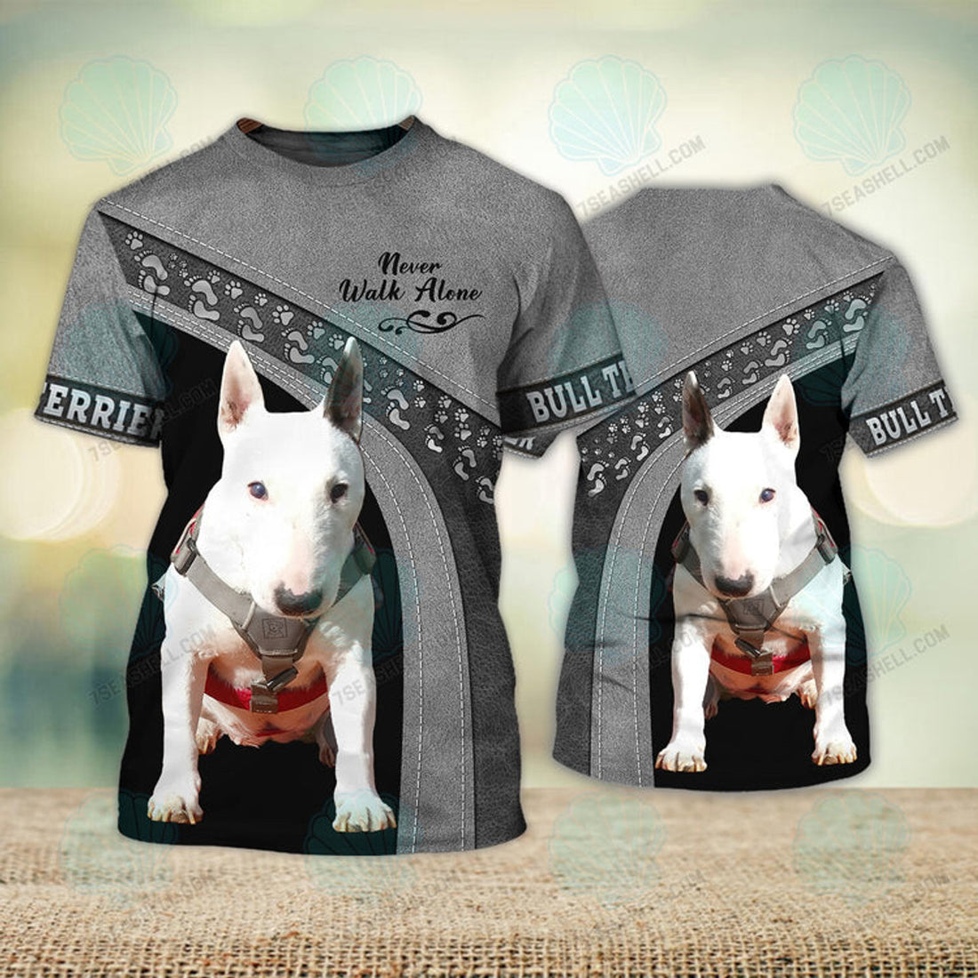 FUNSTUFFPRINT Bull Terrier Never Walk Alone 3D Full Print T-Shirt, Dog Memorial Gifts for loss of Dog, Christmas Shirt for Dog Lovers 3D T-shirt