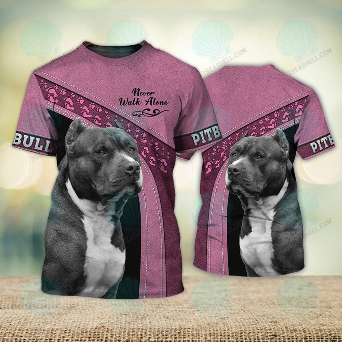 FUNSTUFFPRINT Pitbull Pink Never Walk Alone 3D Full Print T-Shirt, Christmas Dog Memorial Gifts for loss of Dog 3D T-shirt