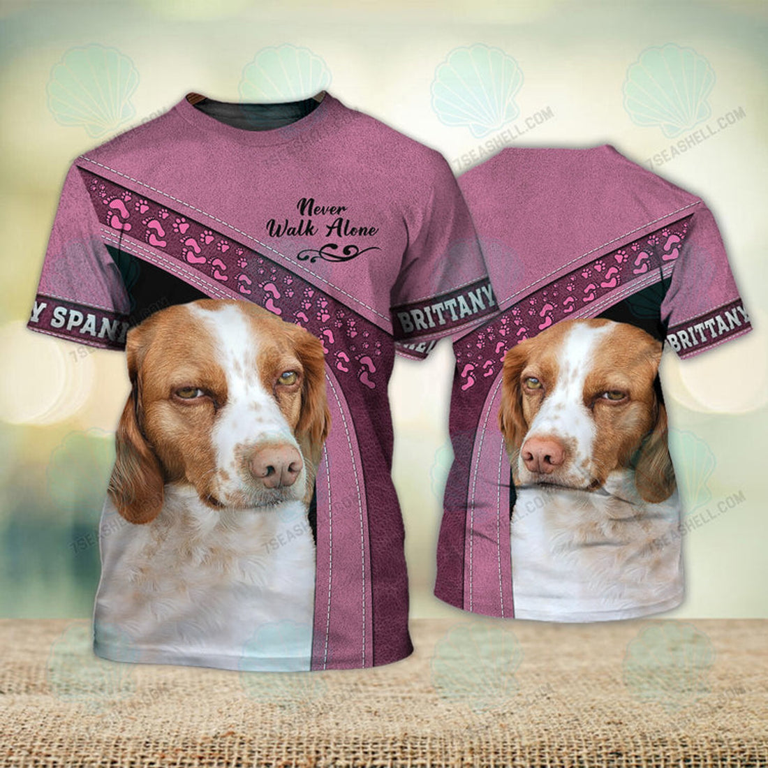 FUNSTUFFPRINT Brittany Spaniel Pink Never Walk Alone 3D Full Print T-Shirt, Dog Memorial Gifts for loss of Dog, Christmas Shirt for Dog Lovers 3D T-shirt