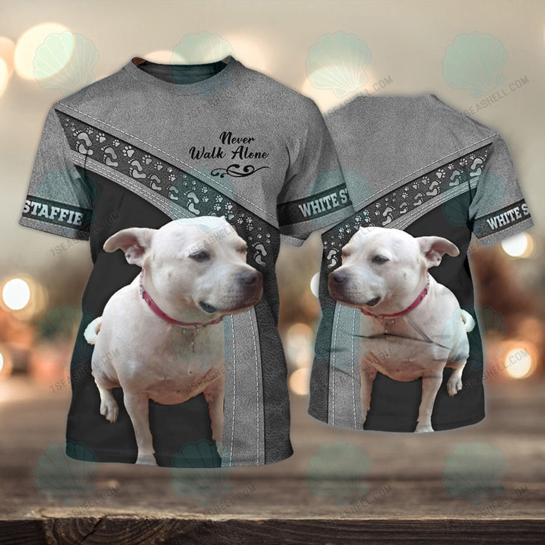FUNSTUFFPRINT White Staffie Never Walk Alone 3D Full Print T-Shirt, Christmas Dog Memorial Gifts for loss of Dog 3D T-shirt