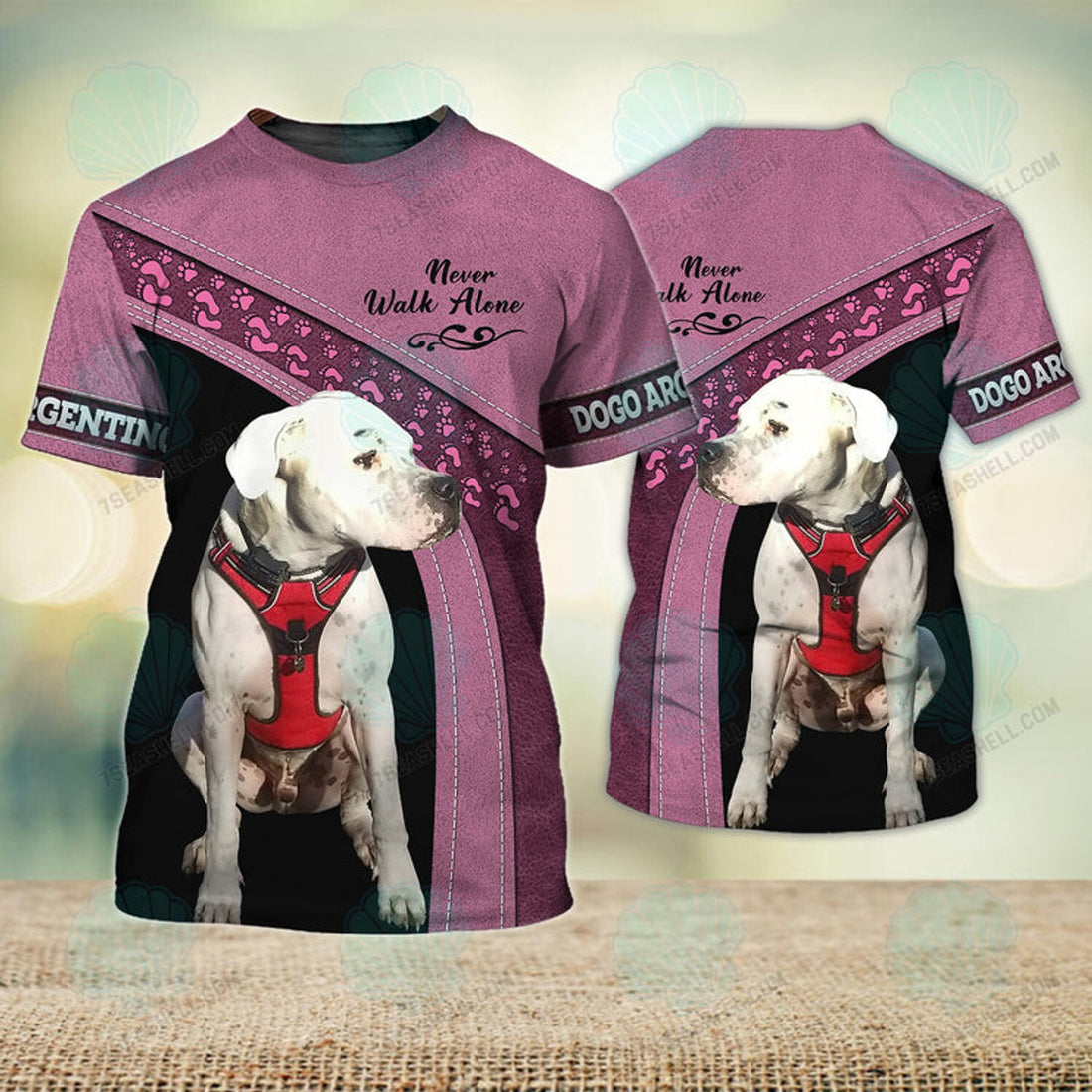 FUNSTUFFPRINT Argentine Dogo Love Pink Never Walk Alone 3D Full Print T-Shirt, Christmas Dog Memorial Gifts for loss of Dog 3D T-shirt