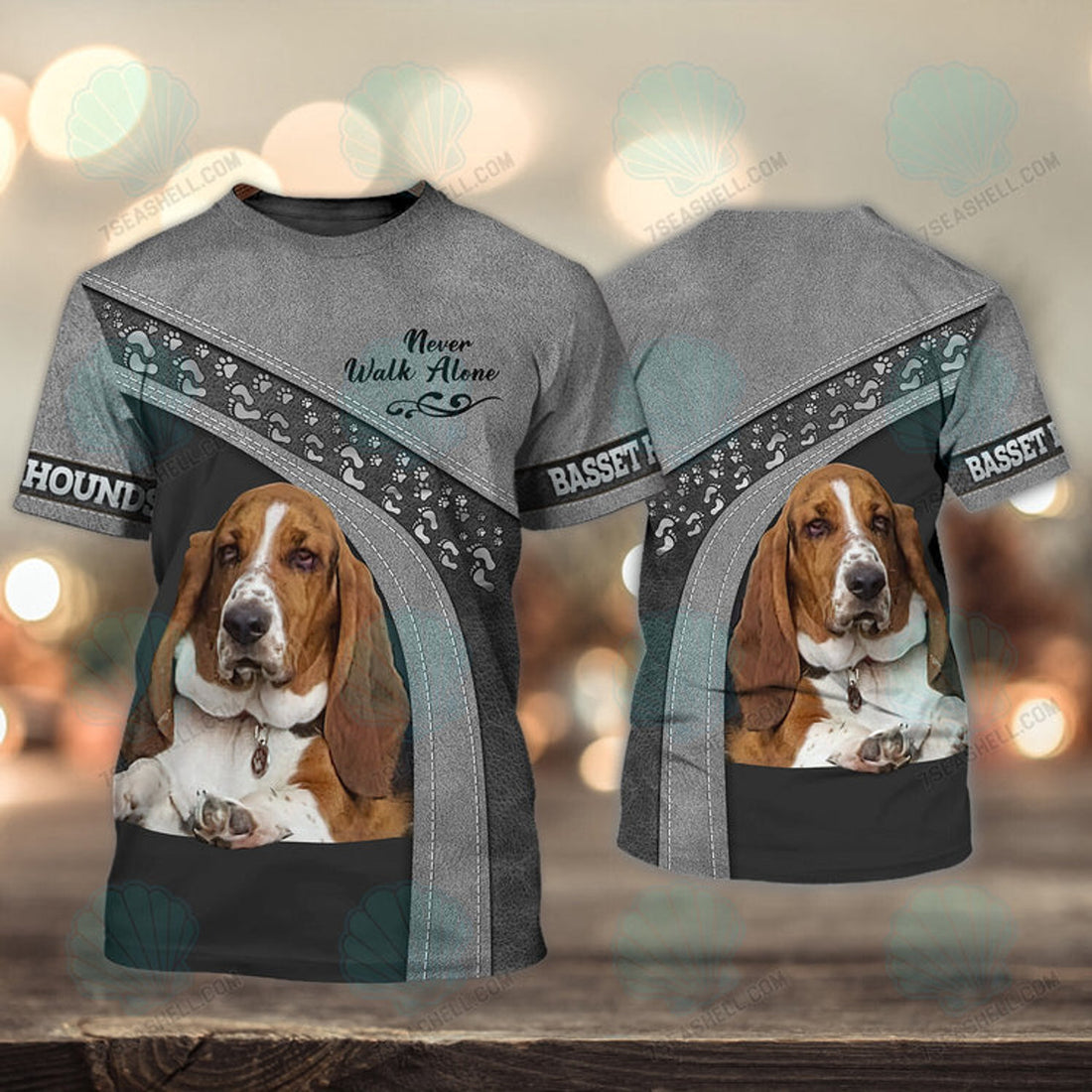 FUNSTUFFPRINT Basset Hound Love Grey Never Walk Alone 3D Full Print T-Shirt, Christmas Dog Memorial Gifts for loss of Dog 3D T-shirt