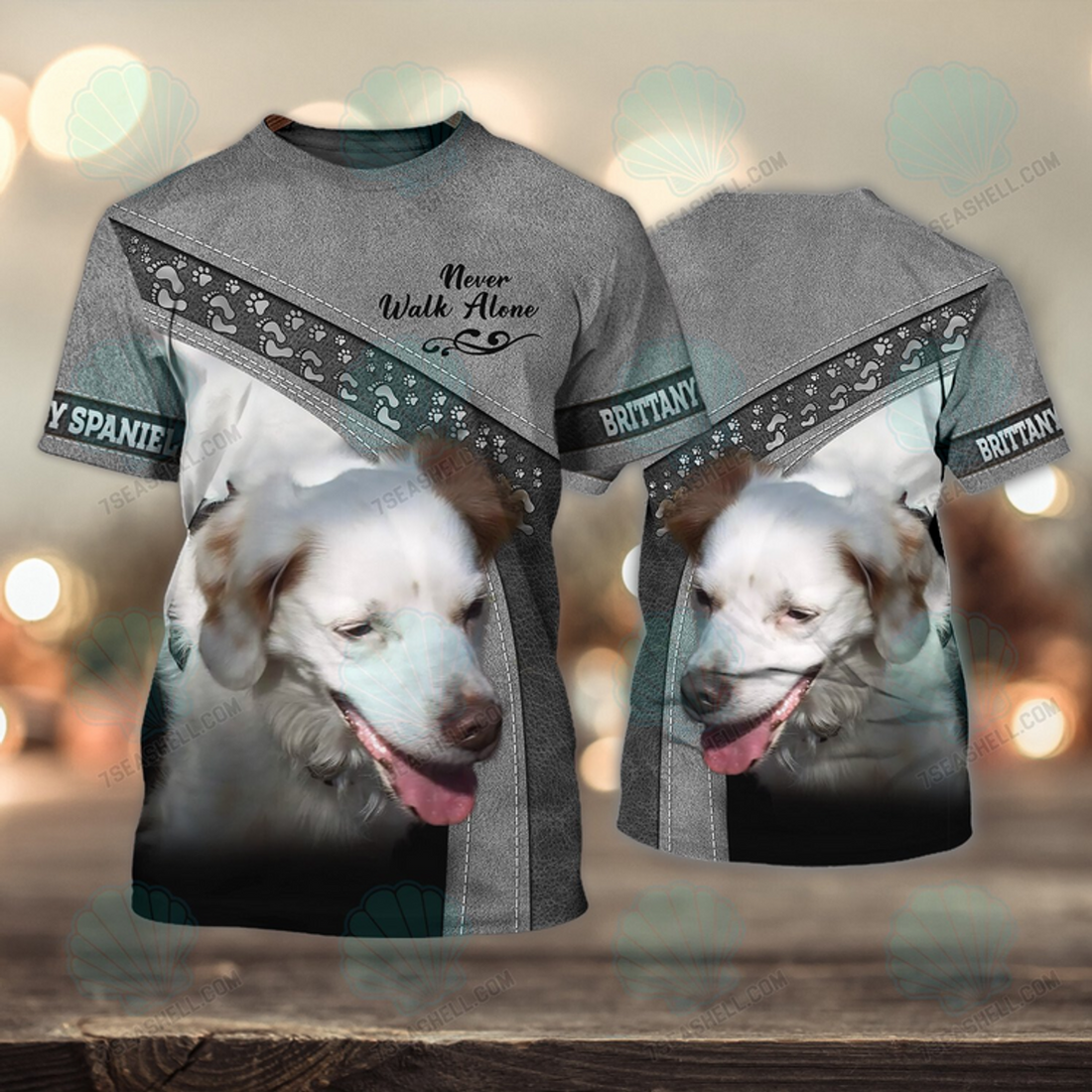 FUNSTUFFPRINT Brittany Spaniel Never Walk Alone 3D Full Print T-Shirt, Dog Memorial Gifts for loss of Dog, Christmas Shirt for Dog Lovers 3D T-shirt