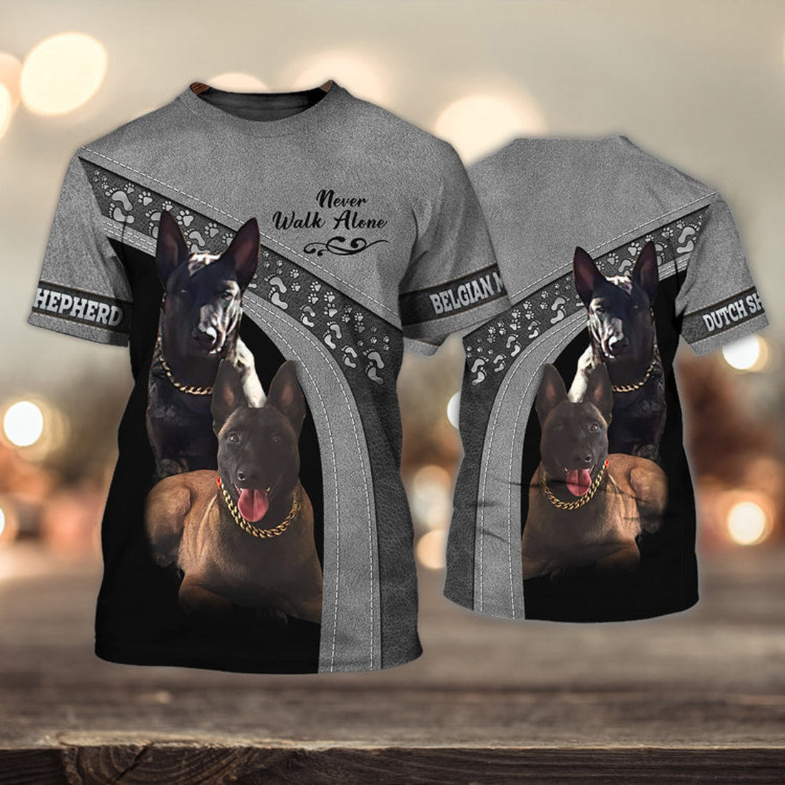 FUNSTUFFPRINT Dutch Shepherd And Belgian Malinois Never Walk Alone 3D Full Print T-Shirt, Dog Memorial Gifts for loss of Dog 3D T-shirt