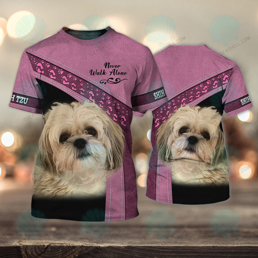 FUNSTUFFPRINT Shih Tzu Love Pink Never Walk Alone 3D Full Print T-Shirt, Christmas Dog Memorial Gifts for loss of Dog 3D T-shirt