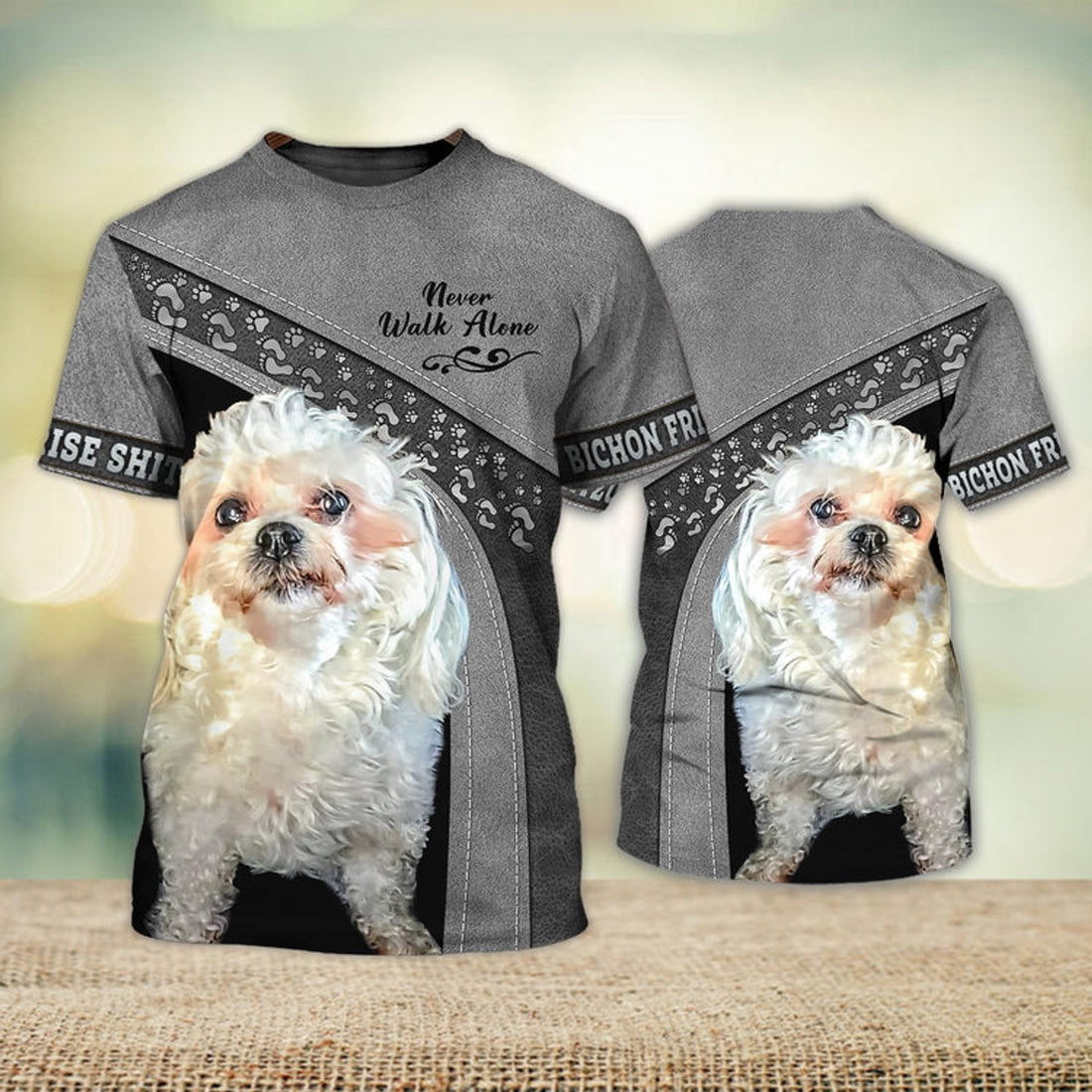FUNSTUFFPRINT Bichon Frise Shitzu Love Never Walk Alone 3D Full Print T-Shirt, Dog Memorial Gifts for loss of Dog 3D T-shirt