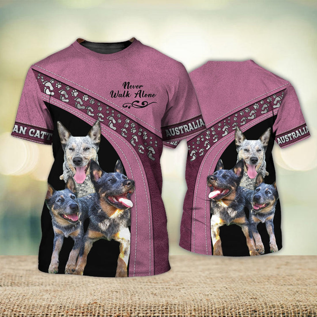 FUNSTUFFPRINT Australian Cattle Love Never Walk Alone 3D Full Print T-Shirt, Dog Memorial Gifts for loss of Dog 3D T-shirt