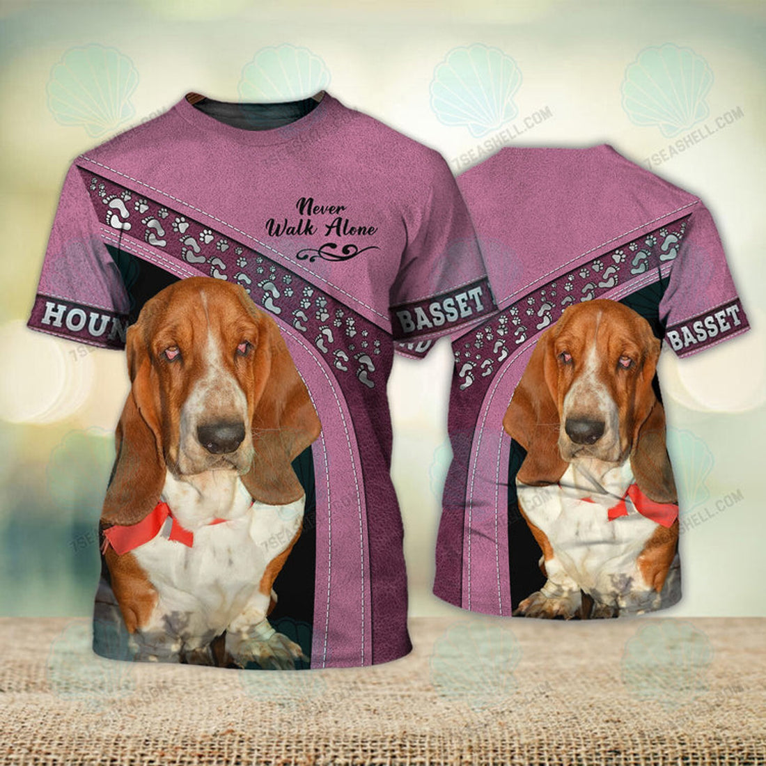 FUNSTUFFPRINT Basset Hound Love Pink Never Walk Alone 3D Full Print T-Shirt, Christmas Dog Memorial Gifts for loss of Dog 3D T-shirt