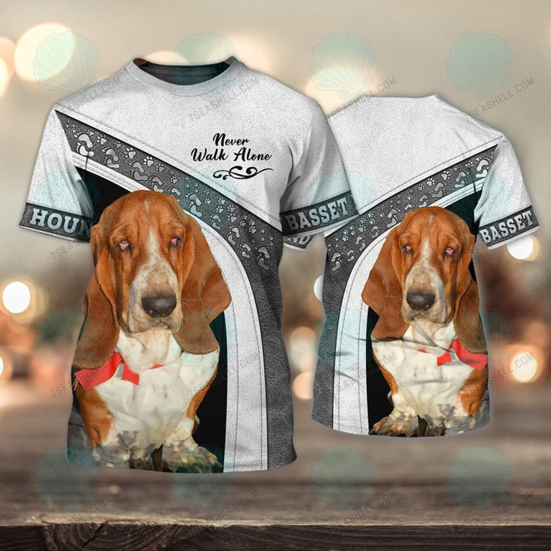 FUNSTUFFPRINT Basset Hound White Love Never Walk Alone 3D Full Print T-Shirt, Christmas Dog Memorial Gifts for loss of Dog 3D T-shirt