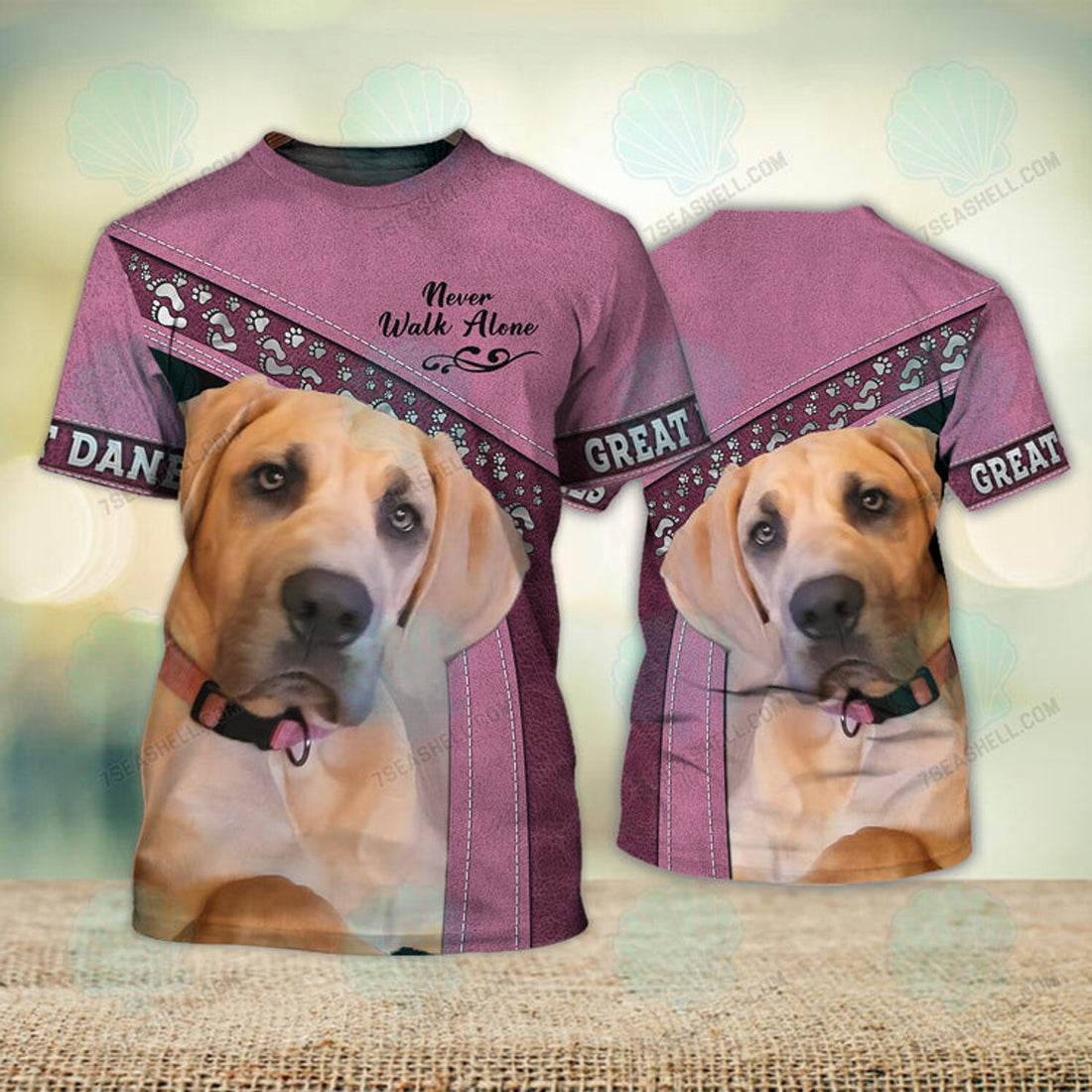 FUNSTUFFPRINT Great Danes Pink Love Never Walk Alone 3D Full Print T-Shirt, Christmas Dog Memorial Gifts for loss of Dog 3D T-shirt