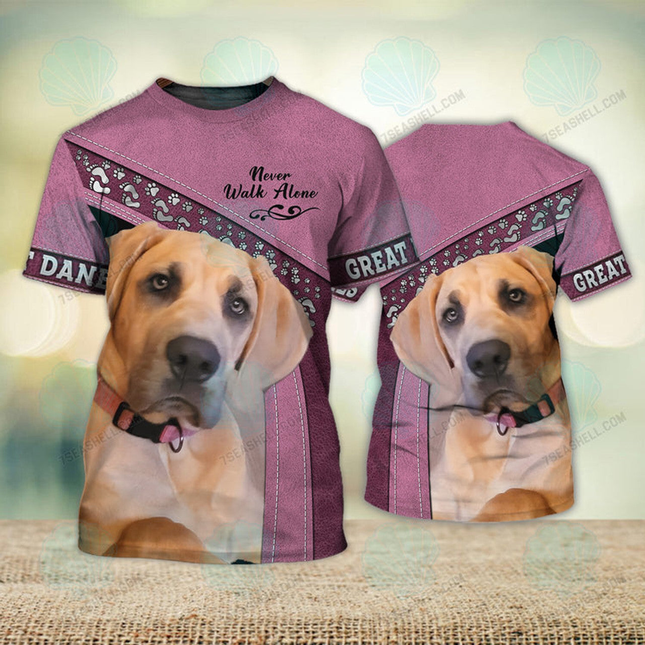 FUNSTUFFPRINT Great Danes Pink Love Never Walk Alone 3D Full Print T-Shirt, Christmas Dog Memorial Gifts for loss of Dog 3D T-shirt