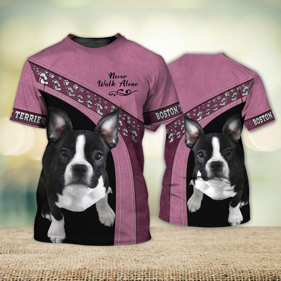 FUNSTUFFPRINT Boston Terrier Pink Love Never Walk Alone 3D Full Print T-Shirt, Dog Memorial Gifts for loss of Dog 3D T-shirt