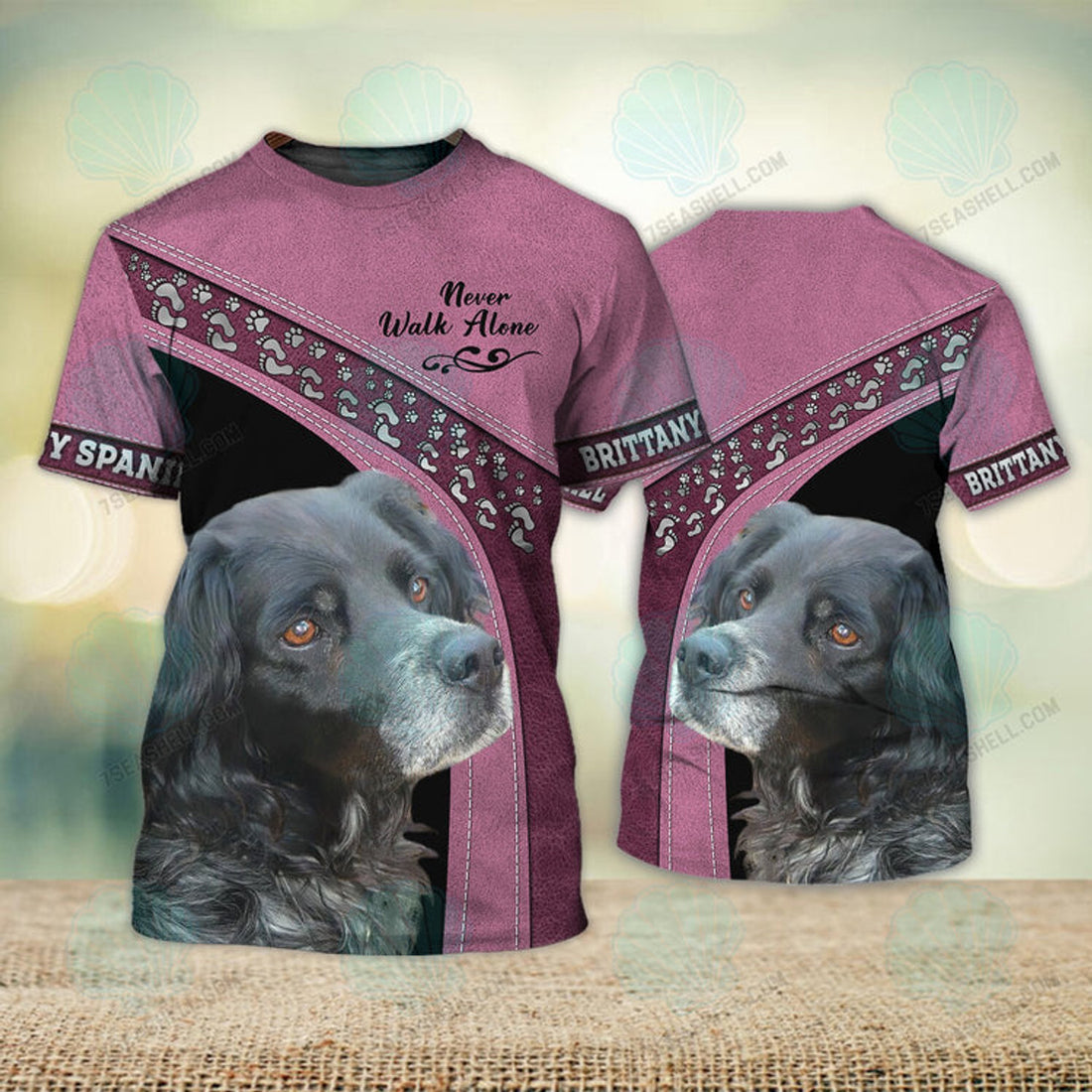 FUNSTUFFPRINT Brittany Spaniel Black Pink Love Never Walk Alone 3D Full Print T-Shirt, Dog Memorial Gifts for loss of Dog, Christmas Shirt for Dog Lovers 3D T-shirt