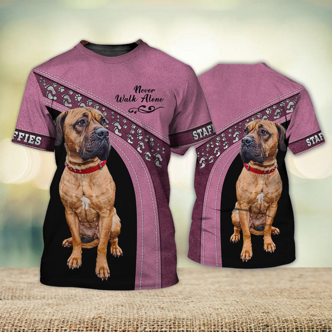 FUNSTUFFPRINT Staffies Love Never Walk Alone Love 3D Full Print T-Shirt, Shirt For Dog Lovers, Dog Memorial Gifts for loss of Dog 3D T-shirt