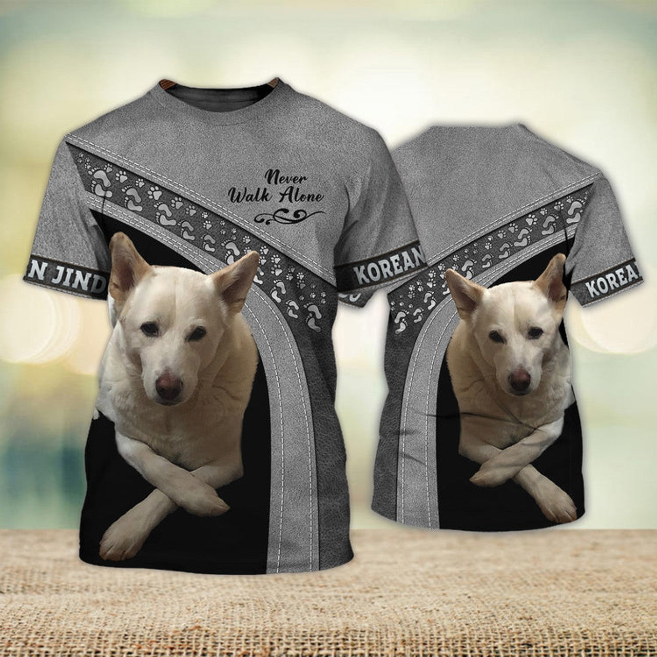FUNSTUFFPRINT Korean Jindo Love Never Walk Alone Love 3D Full Print T-Shirt, Shirt For Dog Lovers, Dog Memorial Gifts for loss of Dog 3D T-shirt