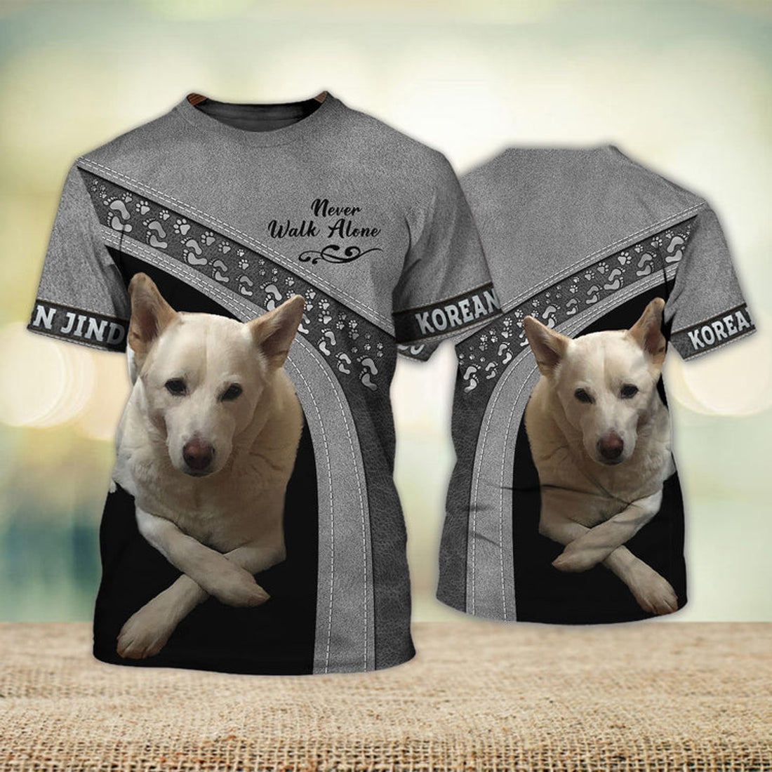 FUNSTUFFPRINT Korean Jindo Love Never Walk Alone Love 3D Full Print T-Shirt, Shirt For Dog Lovers, Dog Memorial Gifts for loss of Dog 3D T-shirt
