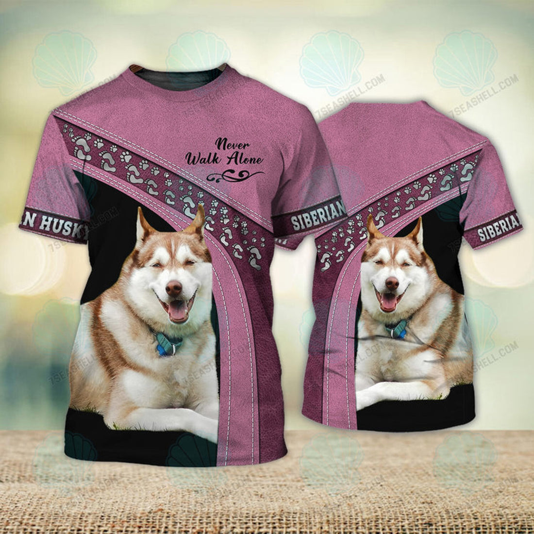 FUNSTUFFPRINT Siberian Husky Love Pink Never Walk Alone 3D Full Print T-Shirt, Christmas Dog Memorial Gifts for loss of Dog 3D T-shirt