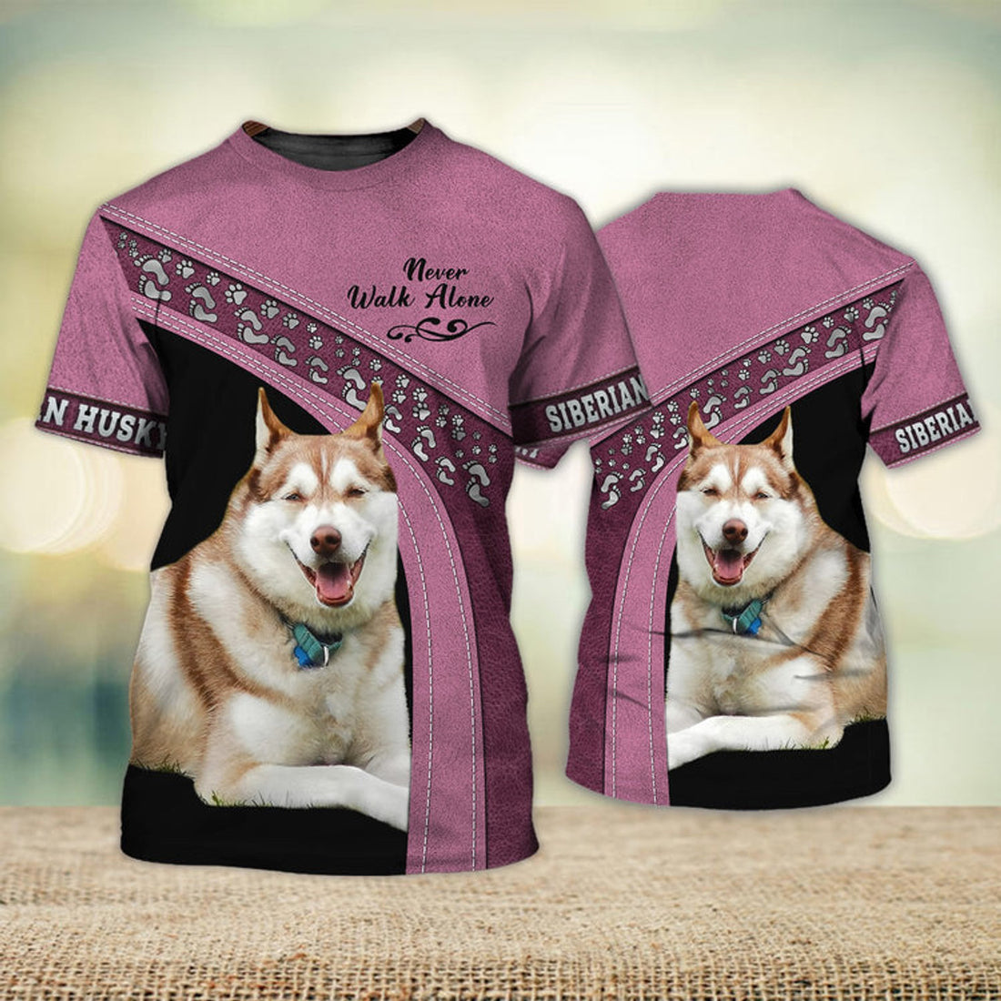FUNSTUFFPRINT Siberian Husky Love Never Walk Alone Pink 3D Full Print T-Shirt, Shirt For Dog Lovers, Dog Memorial Gifts for loss of Dog 3D T-shirt