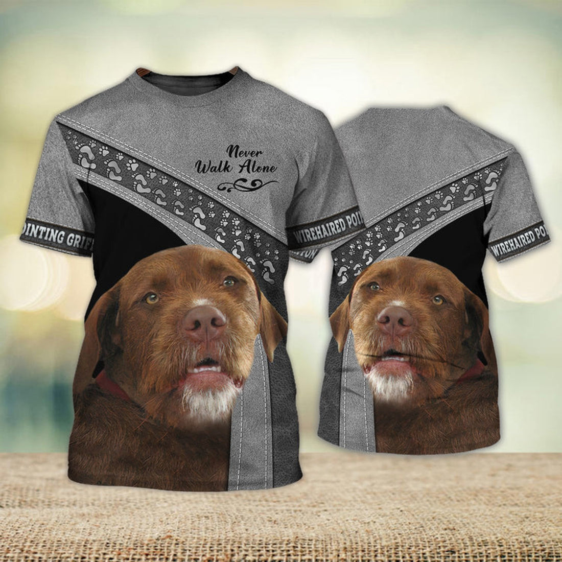 FUNSTUFFPRINT Wirehaired Pointing Griffon Love Never Walk Alone 3D Full Print T-Shirt, Shirt For Dog Lovers, Dog Memorial Gifts for loss of Dog 3D T-shirt