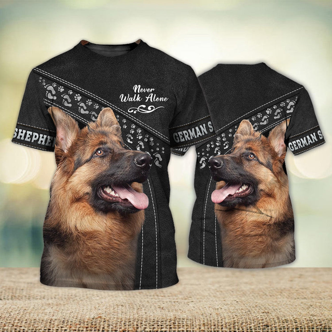 FUNSTUFFPRINT German Shepherd Love Never Walk Alone Black 3D Full Print T-Shirt, Shirt For Dog Lovers, Dog Memorial Gifts for loss of Dog 3D T-shirt