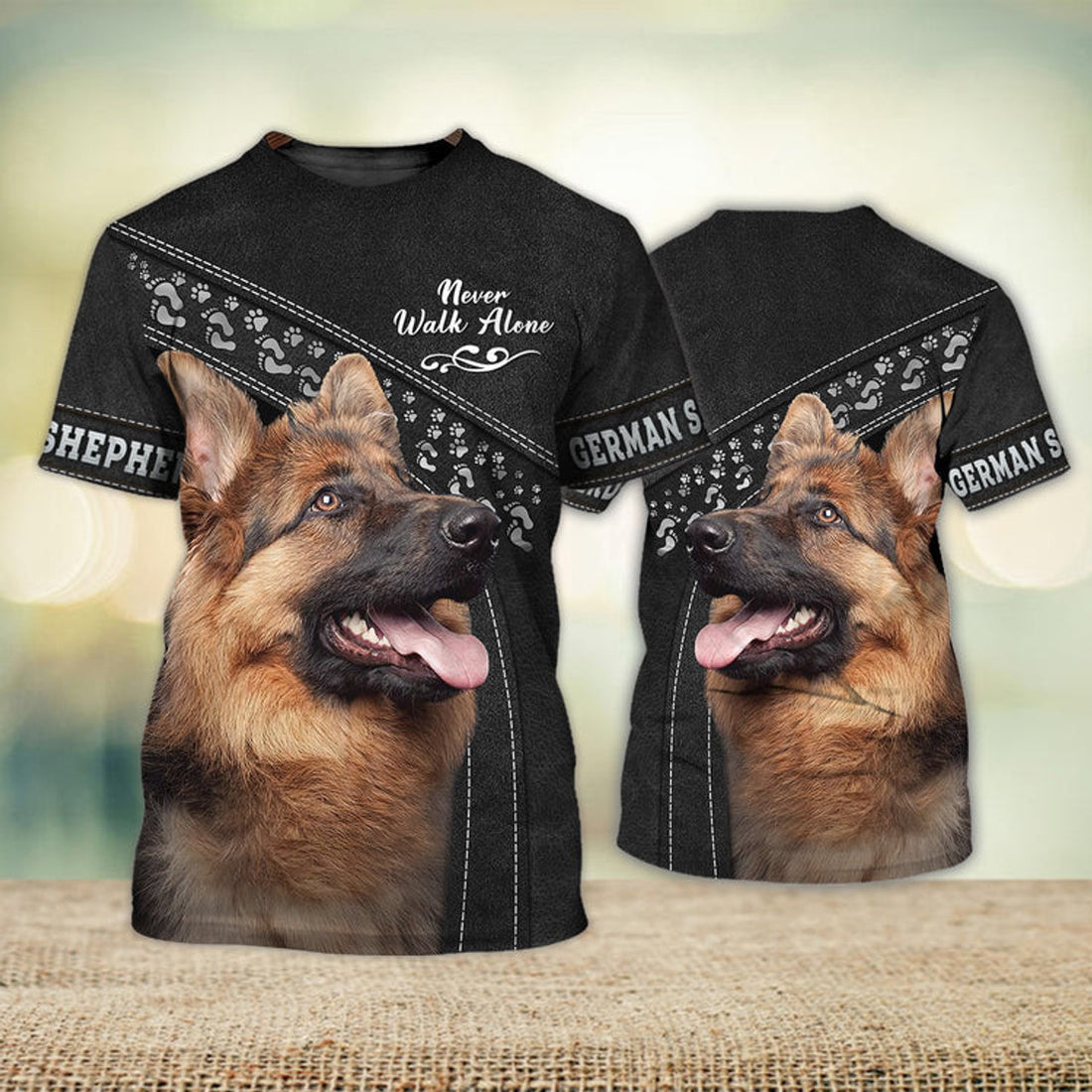 FUNSTUFFPRINT German Shepherd Love Never Walk Alone Black 3D Full Print T-Shirt, Shirt For Dog Lovers, Dog Memorial Gifts for loss of Dog 3D T-shirt