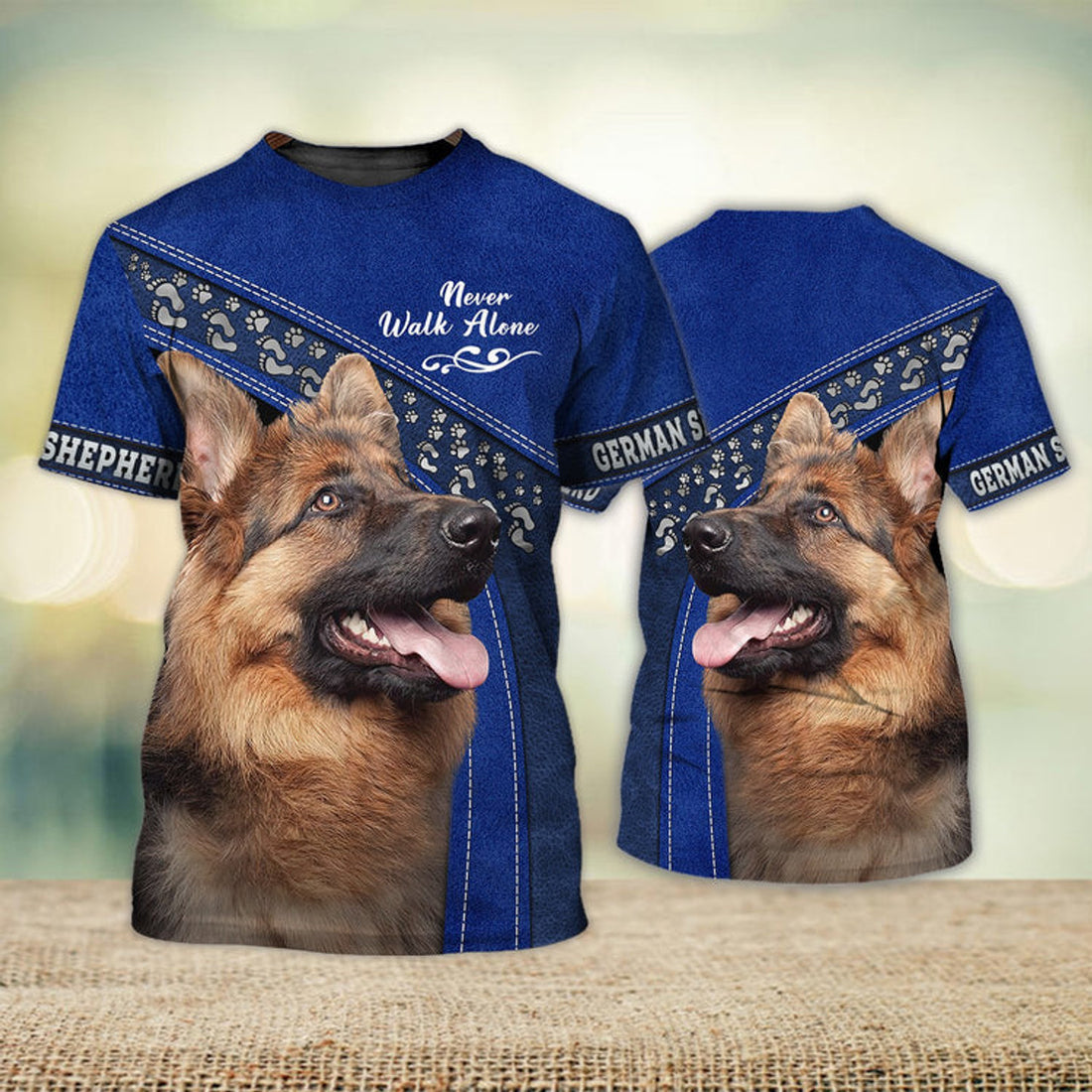 FUNSTUFFPRINT German Shepherd Love Never Walk Alone Blue 3D Full Print T-Shirt, Shirt For Dog Lovers, Dog Memorial Gifts for loss of Dog 3D T-shirt