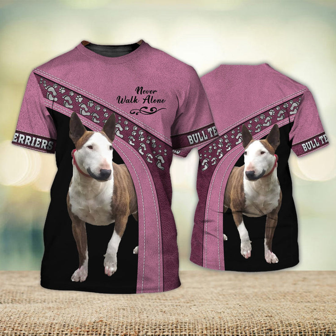 FUNSTUFFPRINT Bull Terriers Love Never Walk Alone 3D Full Print T-Shirt, Dog Memorial Gifts for loss of Dog 3D T-shirt