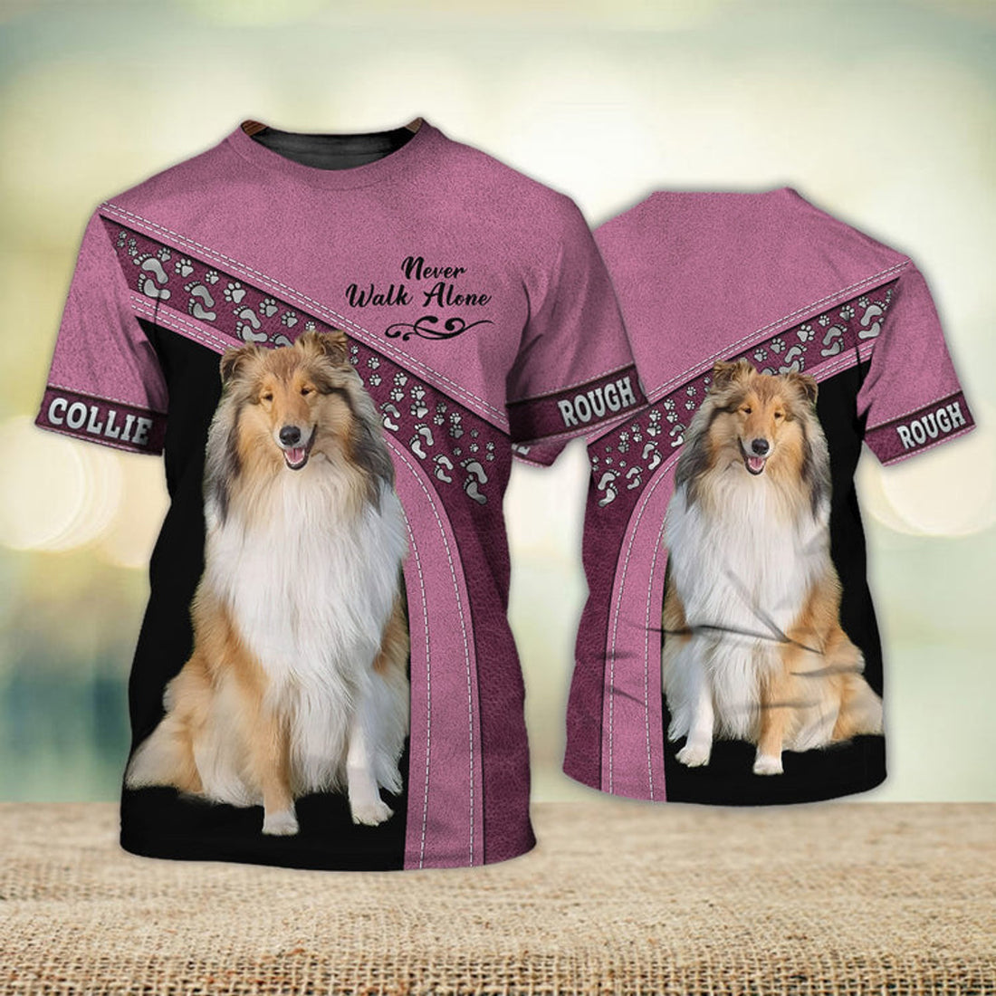 FUNSTUFFPRINT Rough Collie Love Never Walk Alone 3D Full Print T-Shirt, Shirt For Dog Lovers, Dog Memorial Gifts for loss of Dog 3D T-shirt