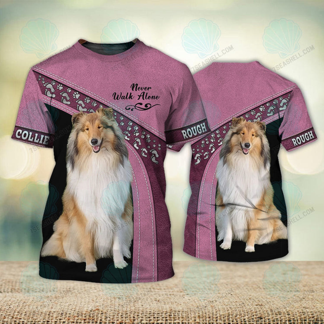 FUNSTUFFPRINT Rough Collie Love Never Walk Alone 3D Full Print T-Shirt, Christmas Dog Memorial Gifts for loss of Dog 3D T-shirt