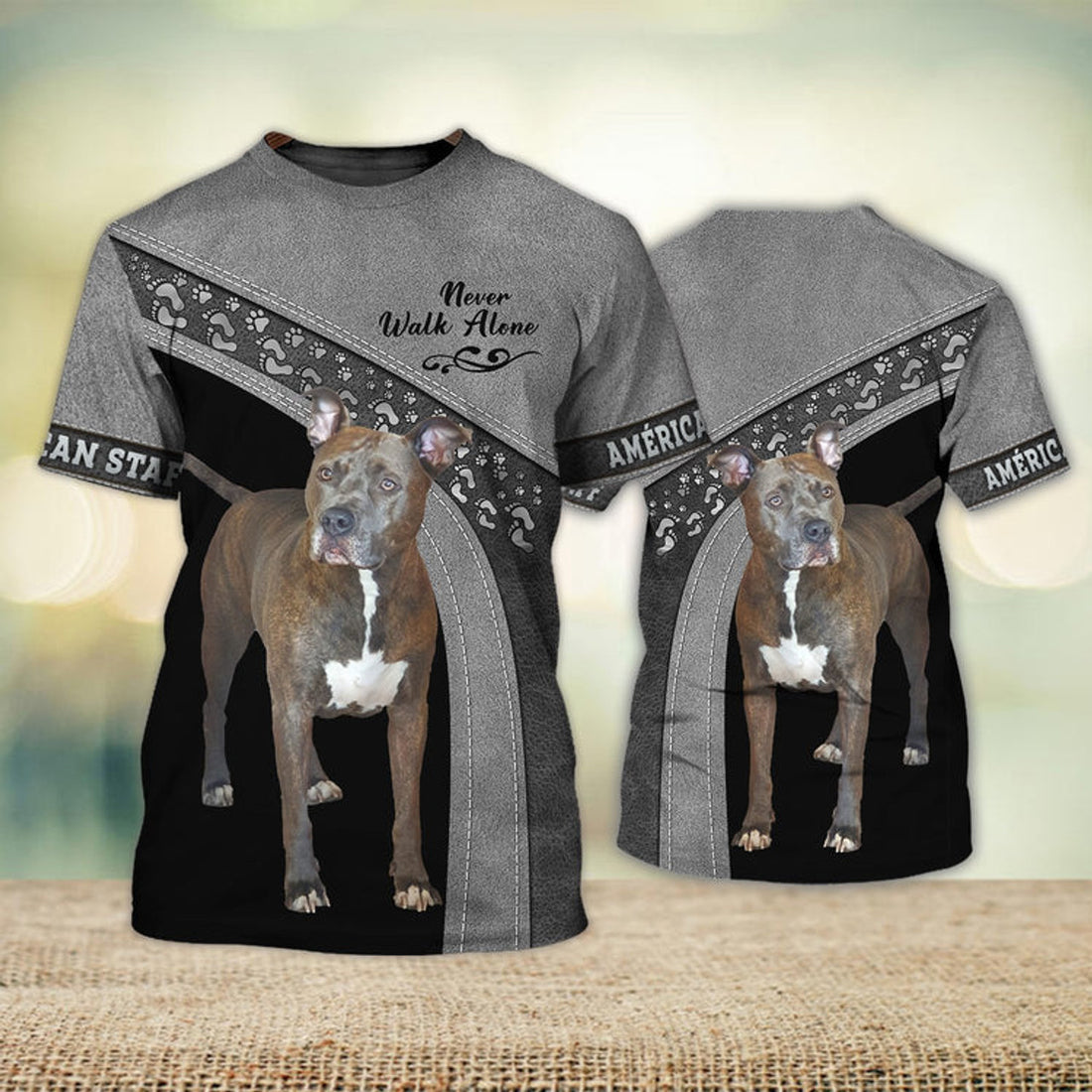 FUNSTUFFPRINT AmÃ©rican Staff Love Never Walk Alone 3D Full Print T-Shirt, Shirt For Dog Lovers, Dog Memorial Gifts for loss of Dog 3D T-shirt