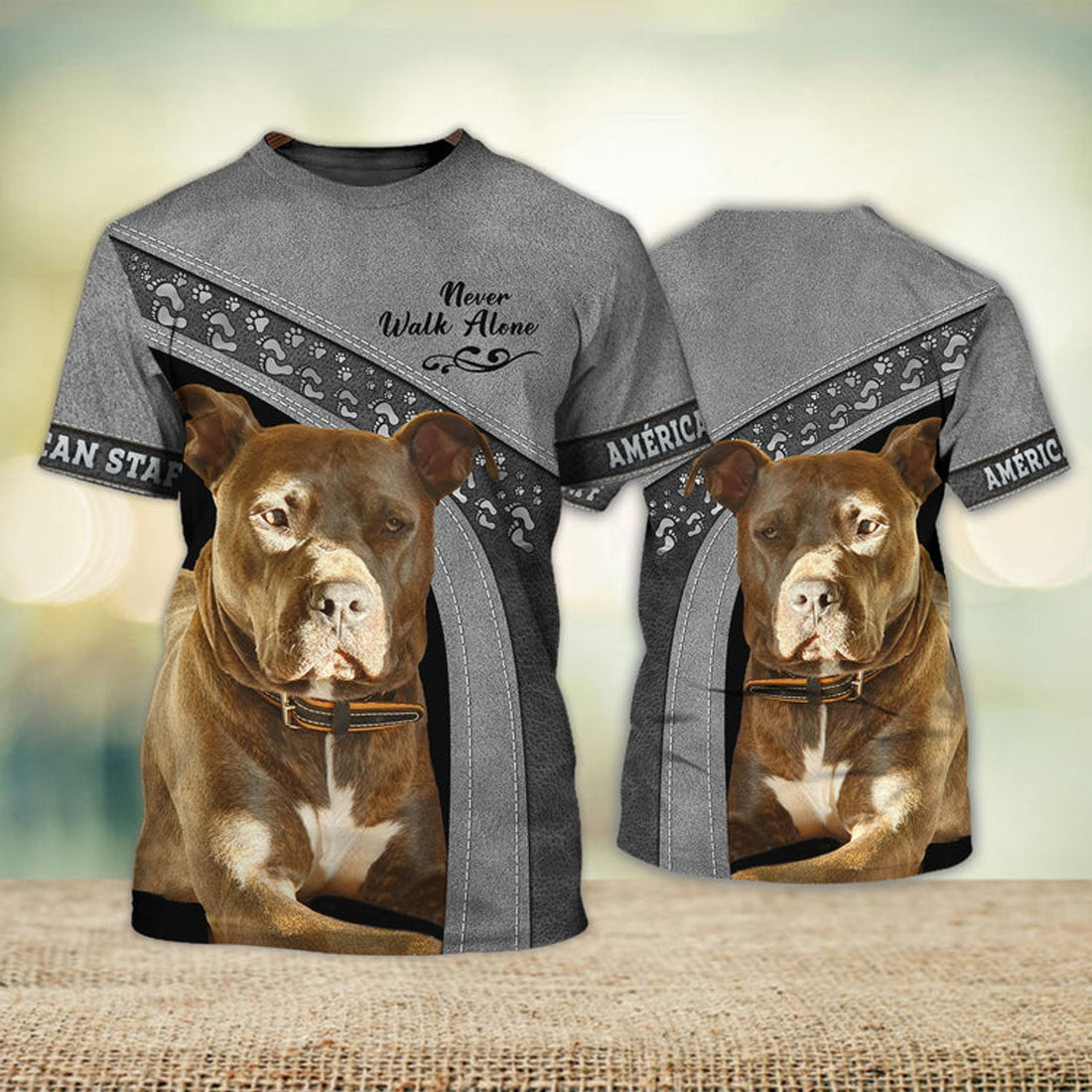 FUNSTUFFPRINT American Staffordshire Terrier Love Never Walk Alone 3D Full Print T-Shirt, Shirt For Dog Lovers, Dog Memorial Gifts for loss of Dog 3D T-shirt